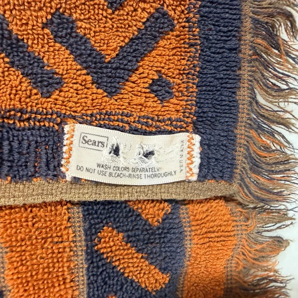 Vintage Sears Bath Towel Orange Navy Blue Geometric Fringe Cotton Blend